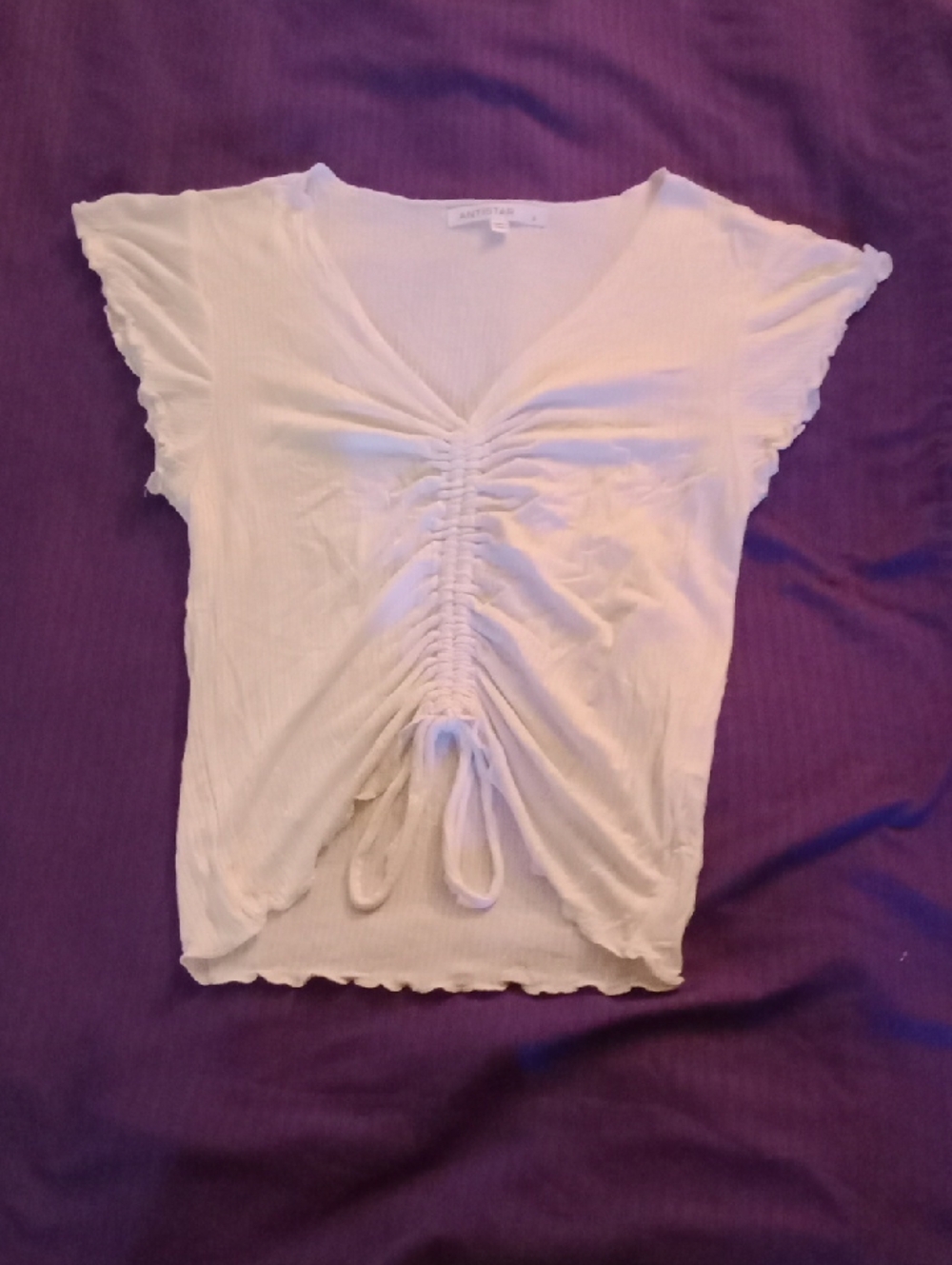 Anthropologie Cream Ruched Tie-Front V-Neck Crop Top